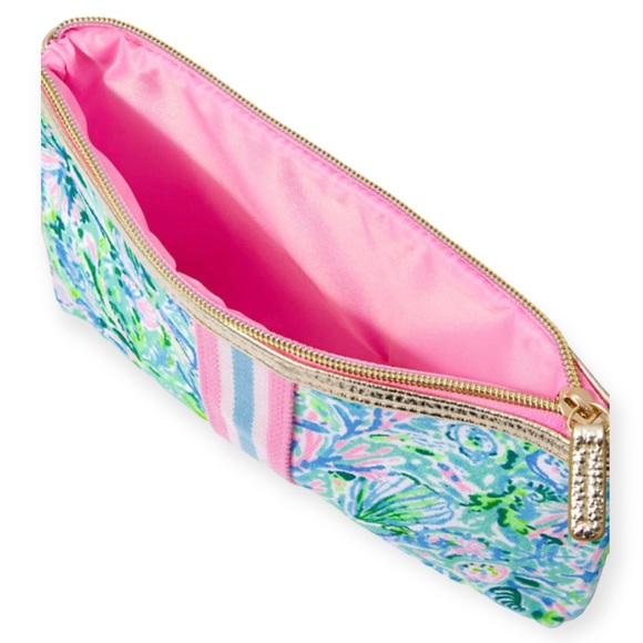 LILLY PULITZER Printed Clutch Zippered Pouch Surf Blue Soleil It On Me Gold Trim - Picture 3 of 7